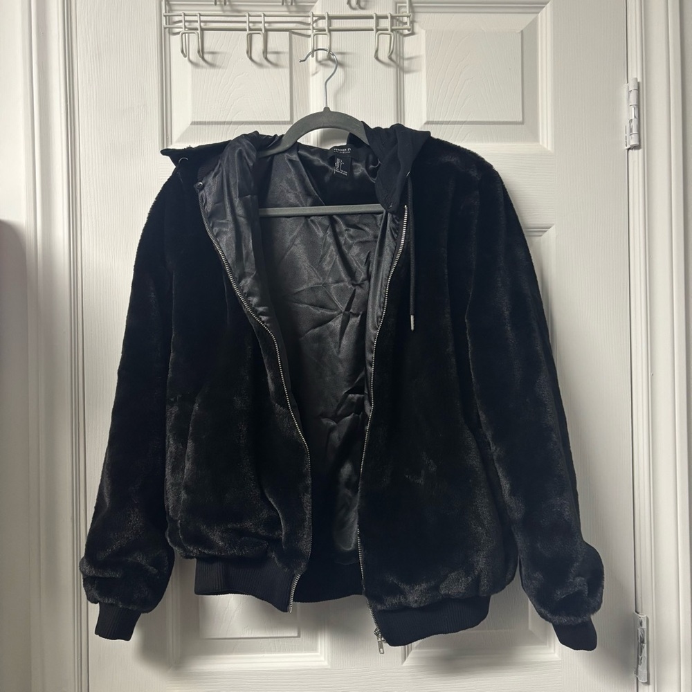Black Faux Fur Hooded Bomber Jacket